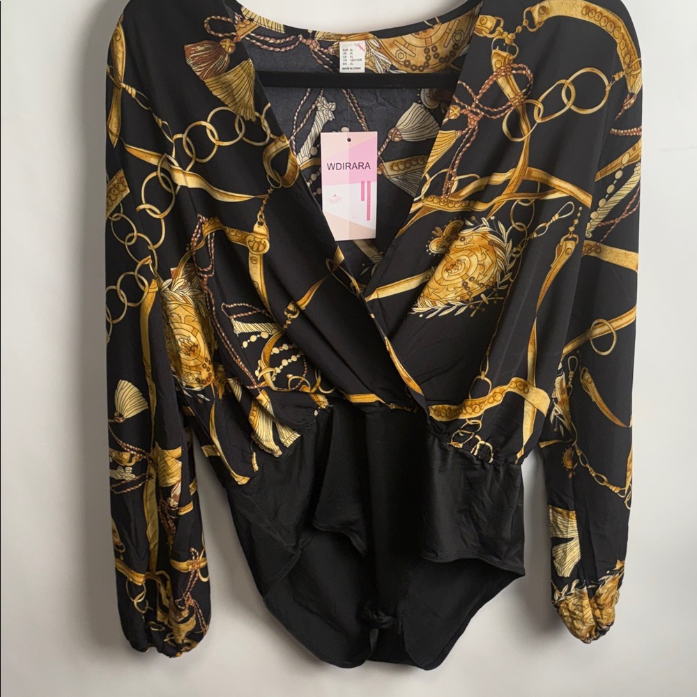 WDIRARA Women's Chain Print Bodysuit - Black & Gold